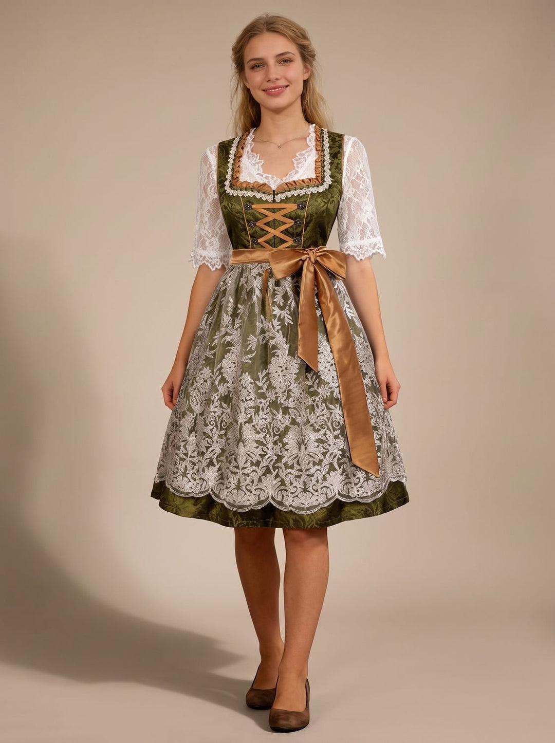 Damen Oktoberfest Dirndl Grün Spitzenbluse Satinschürzenband