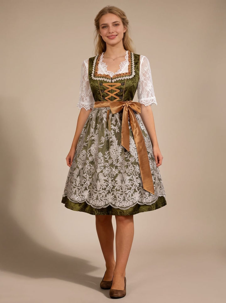 Damen Oktoberfest Dirndl Grün Spitzenbluse Satinschürzenband