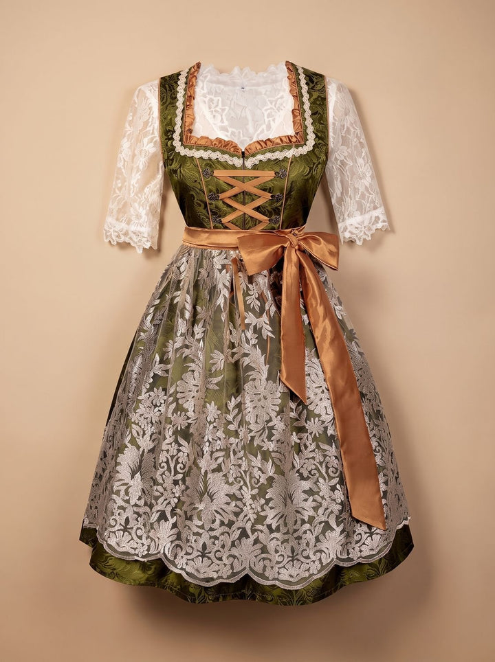 Damen Oktoberfest Dirndl Grün Spitzenbluse Satinschürzenband