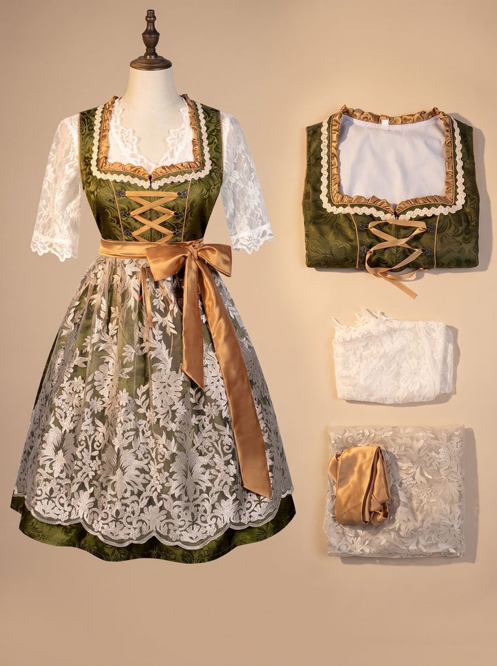 Damen Oktoberfest Dirndl Grün Spitzenbluse Satinschürzenband - Grün Weiß