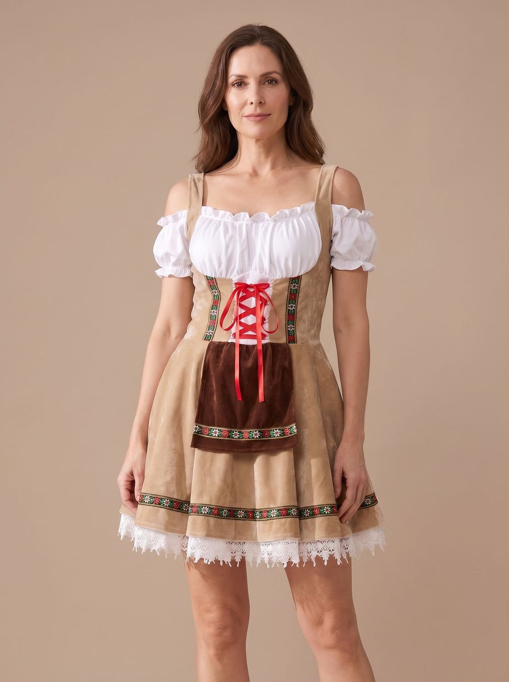 Damen Oktoberfest Dirndl Kleid A-Linie mit Schürze und Spitzenbesatz