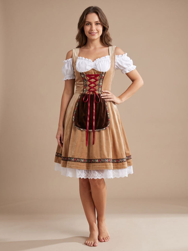 Damen Oktoberfest Dirndl Kleid A-Linie mit Schürze und Spitzenbesatz