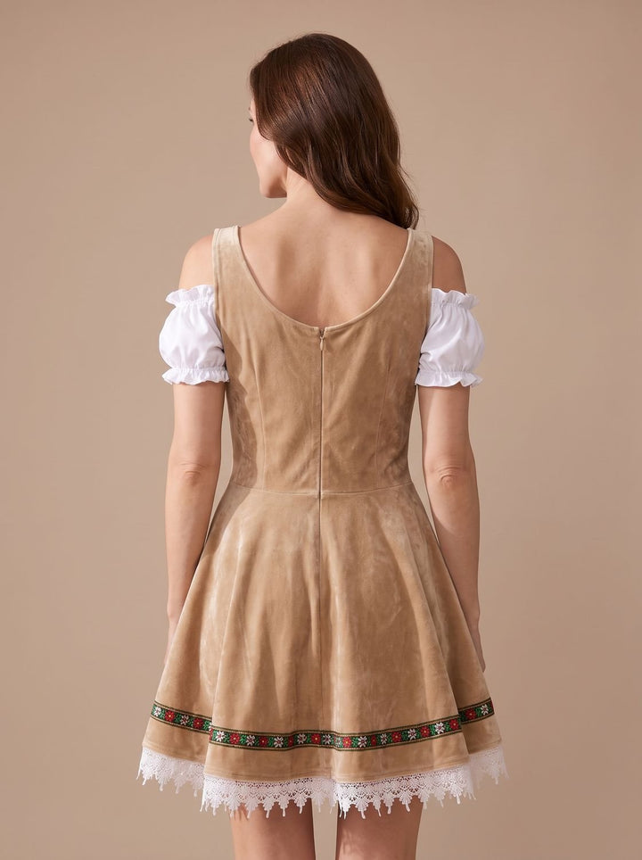 Damen Oktoberfest Dirndl Kleid A-Linie mit Schürze und Spitzenbesatz