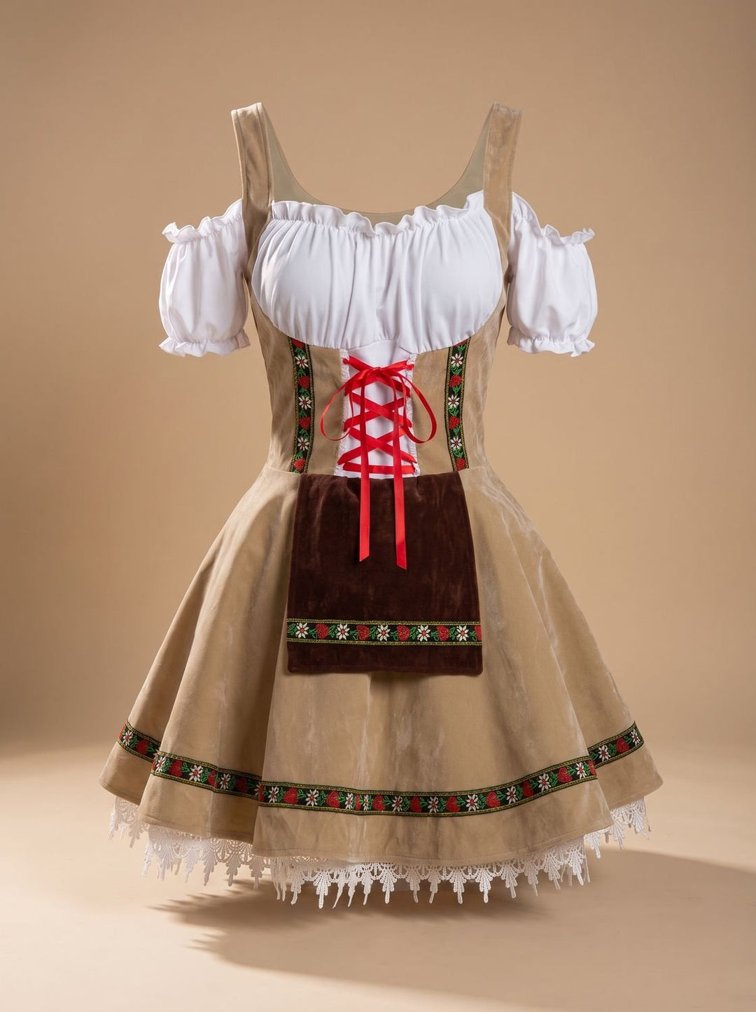 Damen Oktoberfest Dirndl Kleid A-Linie mit Schürze und Spitzenbesatz