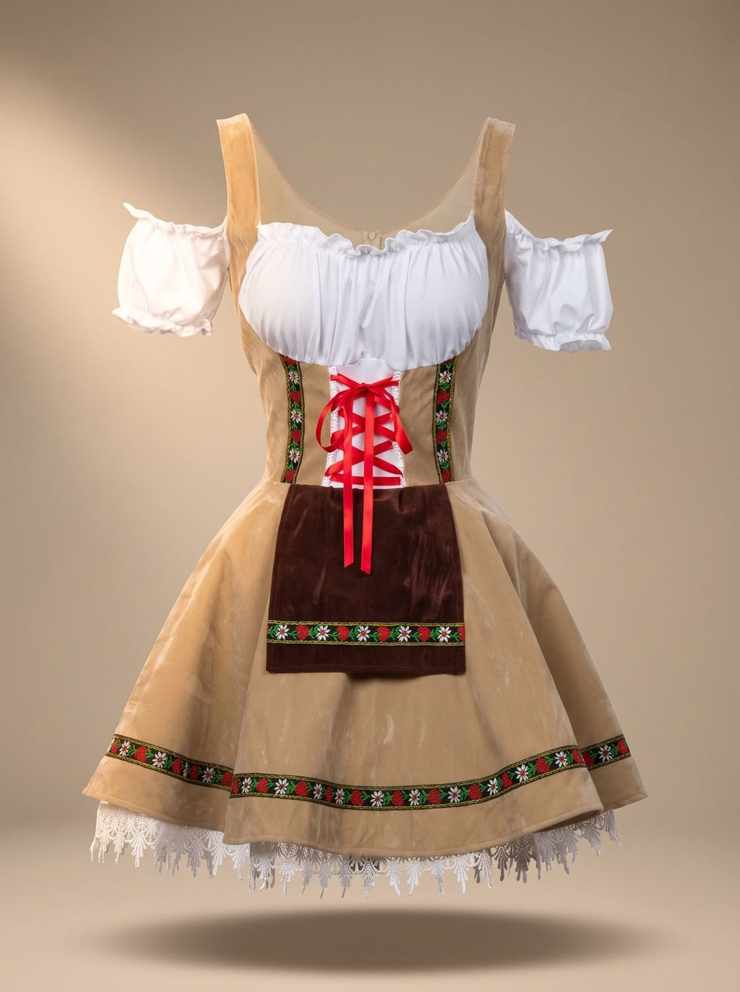 Damen Oktoberfest Dirndl Kleid A-Linie mit Schürze und Spitzenbesatz