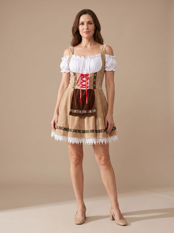 Damen Oktoberfest Dirndl Kleid A-Linie mit Schürze und Spitzenbesatz