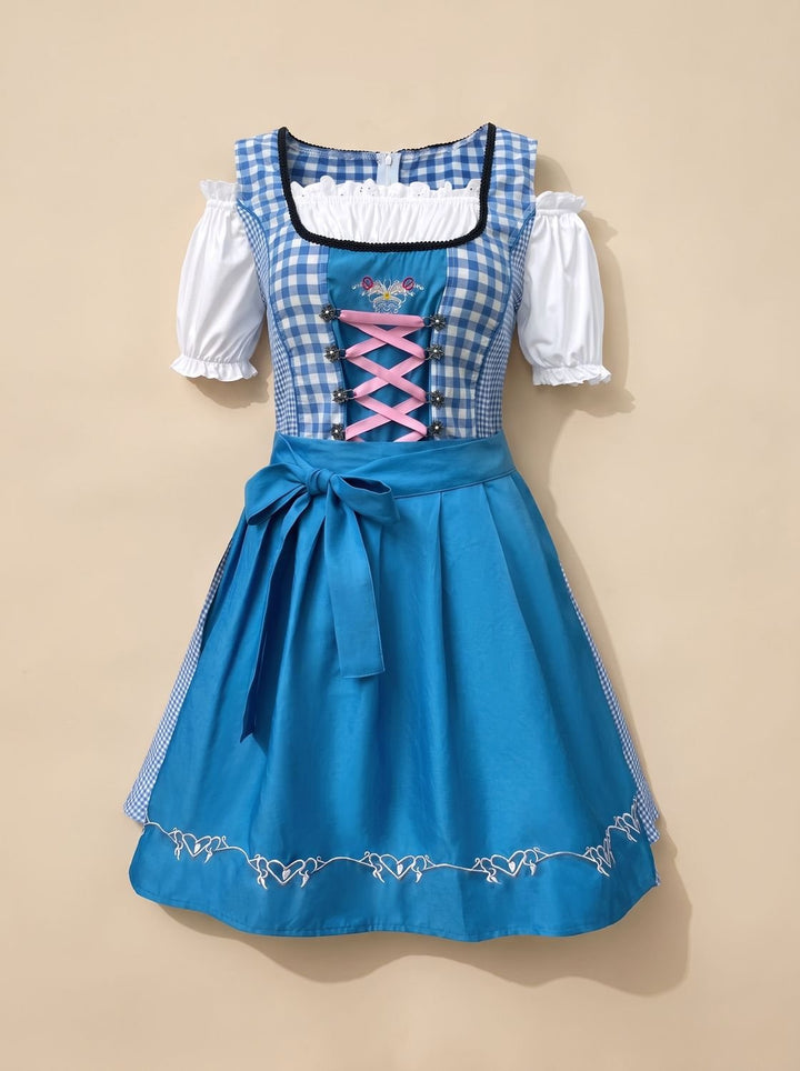 Damen Oktoberfest Dirndl Kleid Kariert mit Schürze und Stickerei
