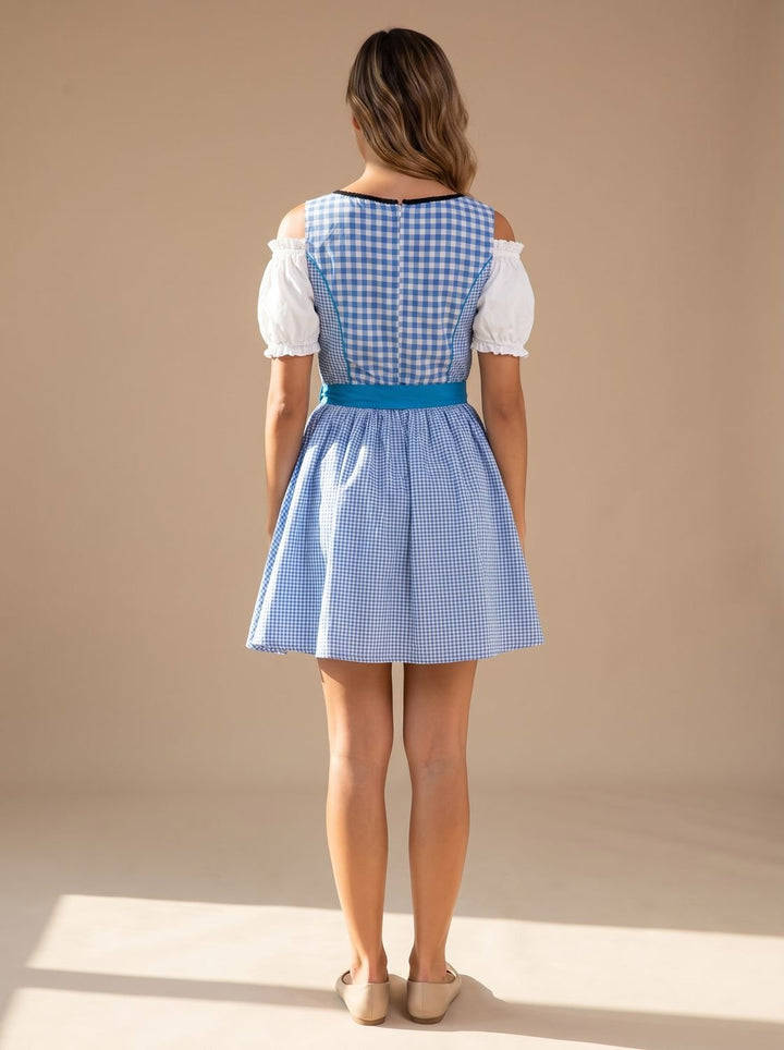 Damen Oktoberfest Dirndl Kleid Kariert mit Schürze und Stickerei