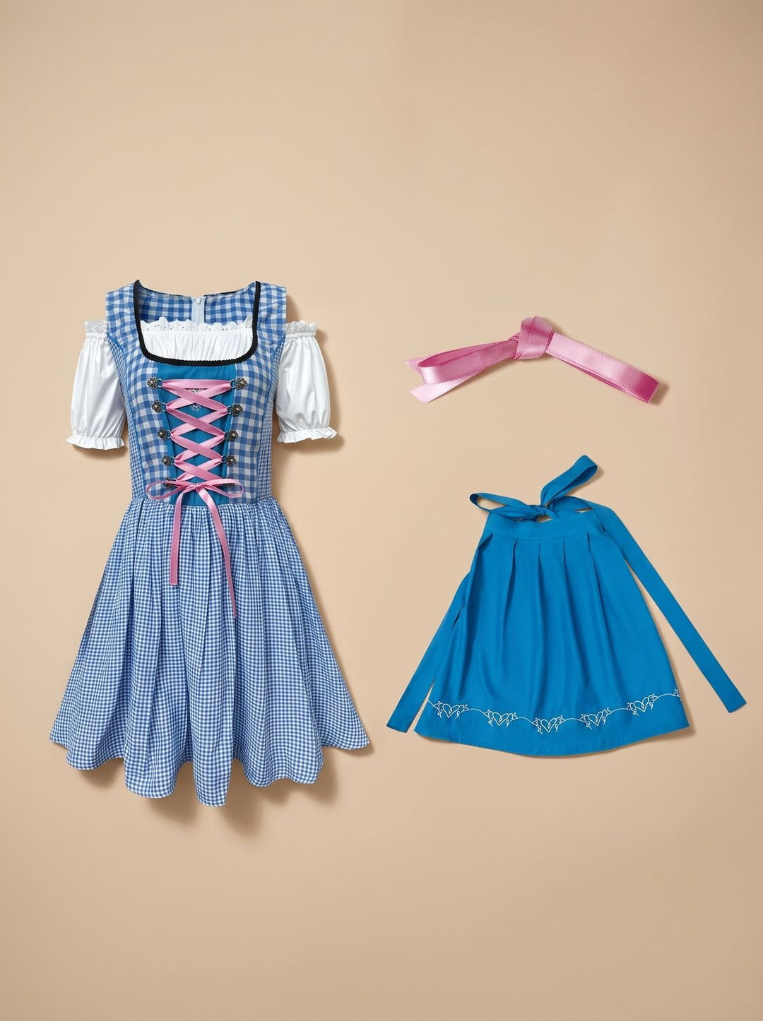 Damen Oktoberfest Dirndl Kleid Kariert mit Schürze und Stickerei