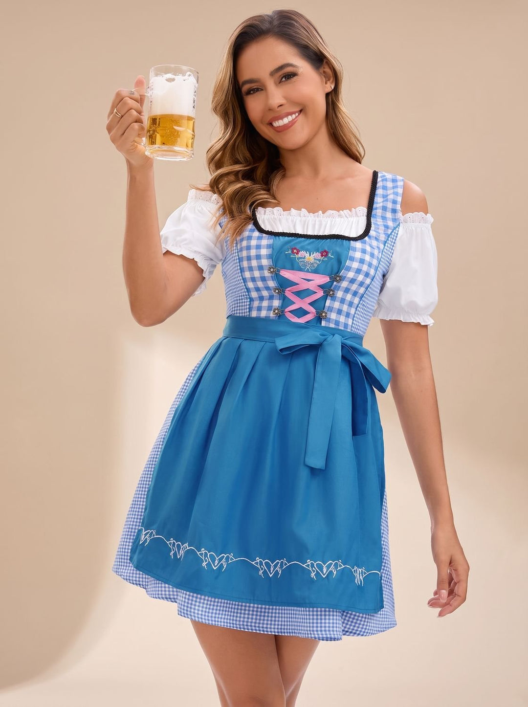 Damen Oktoberfest Dirndl Kleid Kariert mit Schürze und Stickerei - Blau