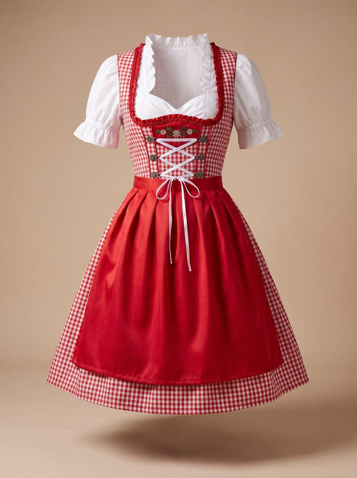 Damen Oktoberfest Dirndl Kleid Kariert Rot-Weiß mit Schürze und Bluse