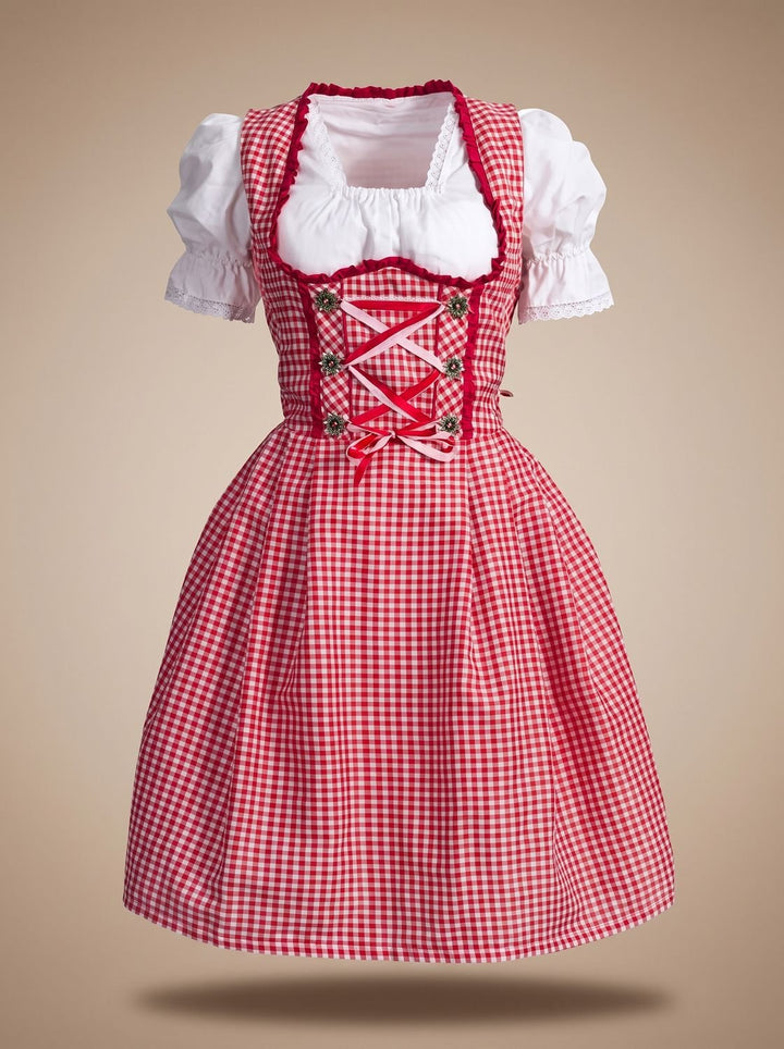 Damen Oktoberfest Dirndl Kleid Kariert Rot-Weiß mit Schürze und Bluse