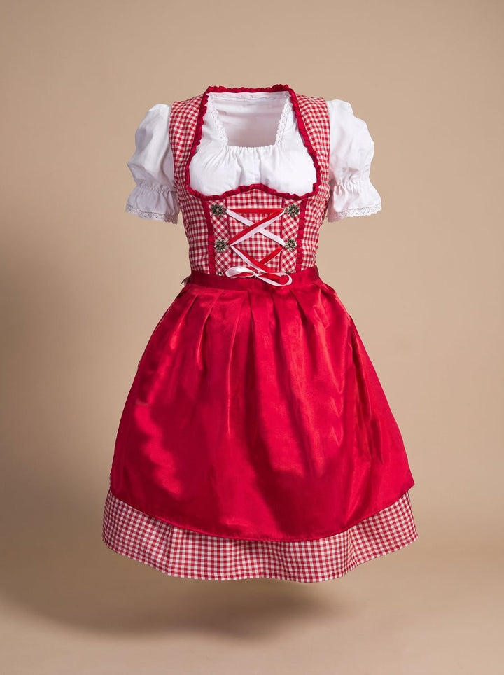 Damen Oktoberfest Dirndl Kleid Kariert Rot-Weiß mit Schürze und Bluse - Rot
