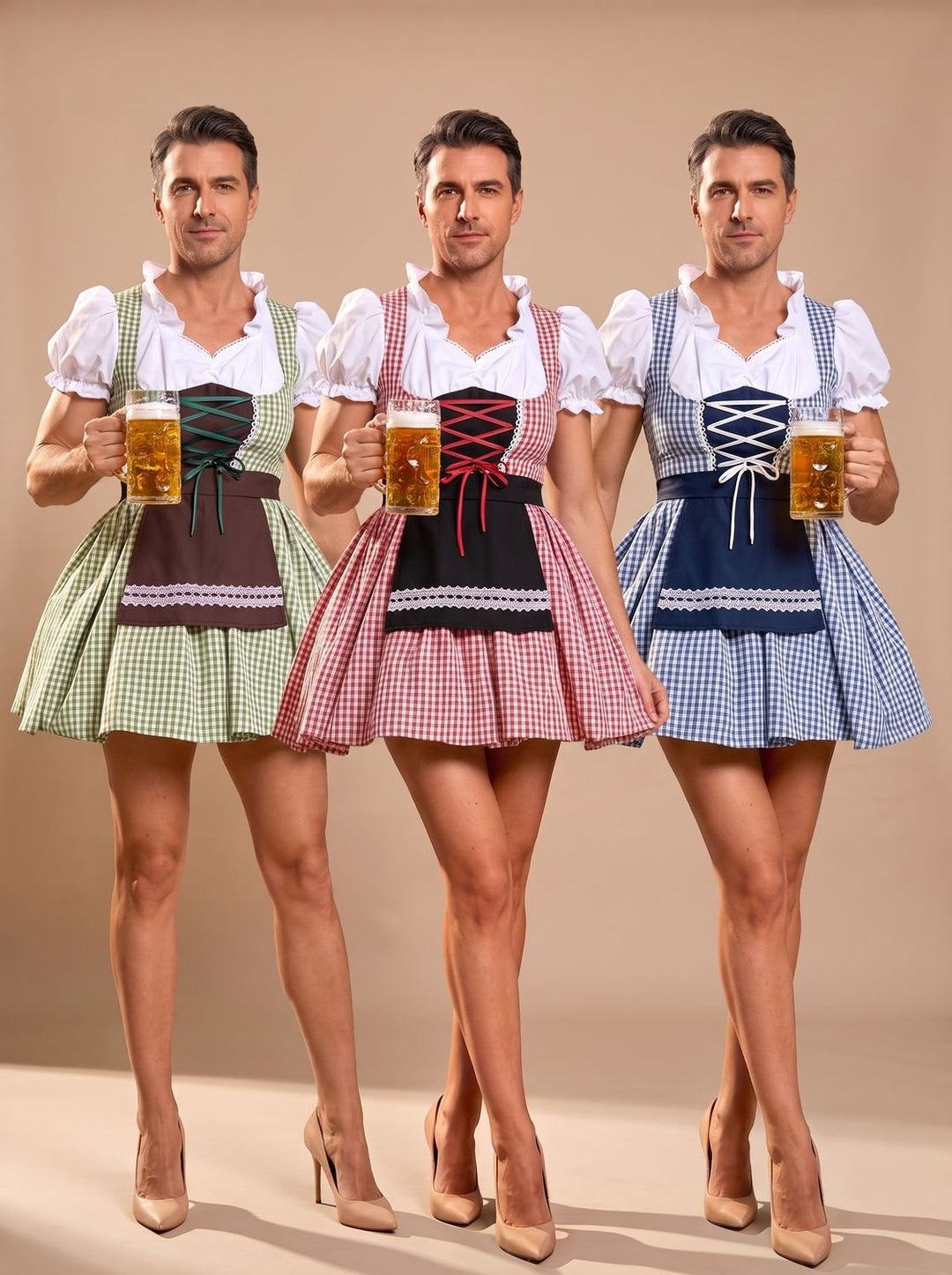 Damen Oktoberfest Dirndl Kleid mit Schürze Kurzarm Kariert