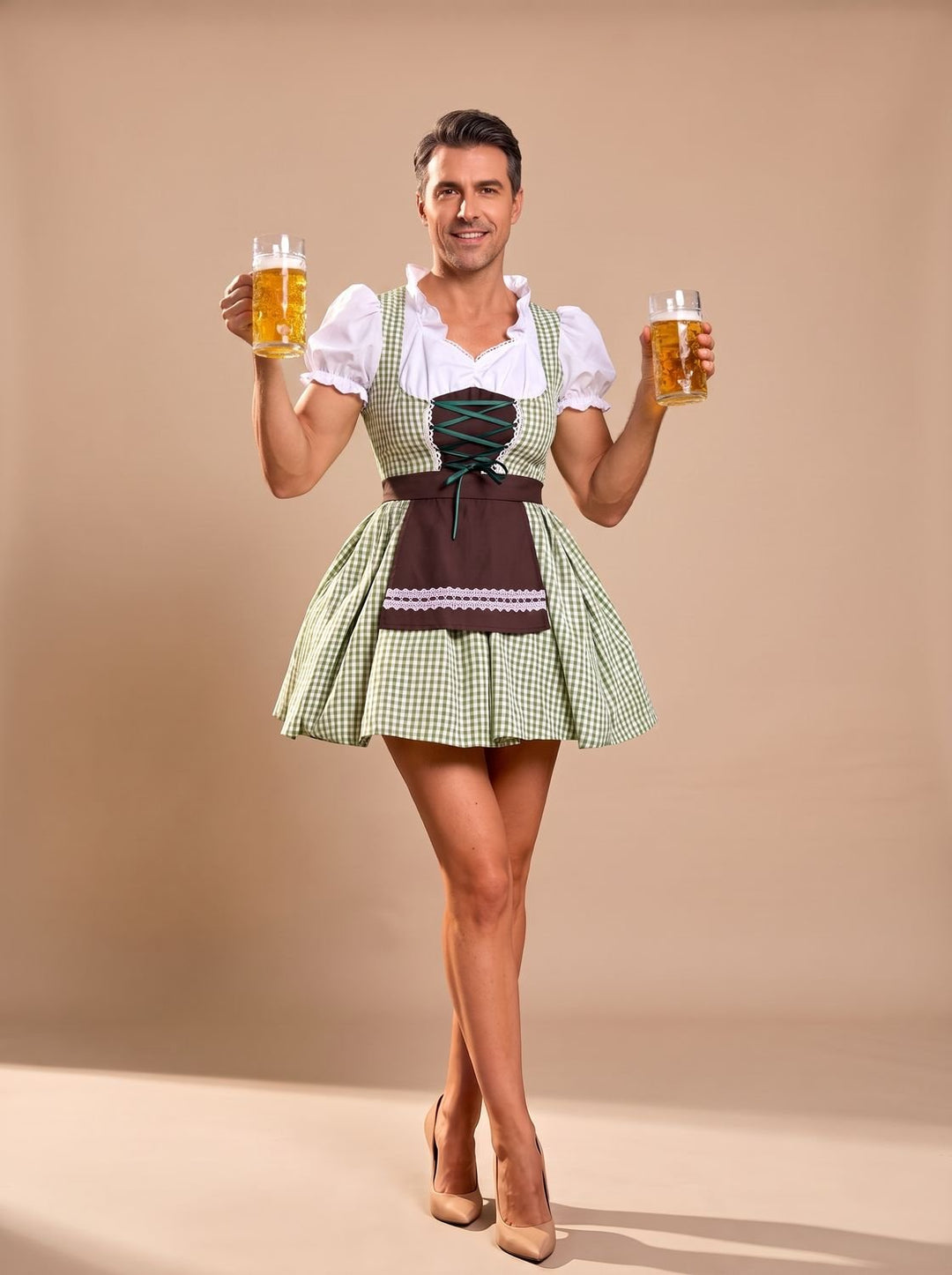 Damen Oktoberfest Dirndl Kleid mit Schürze Kurzarm Kariert