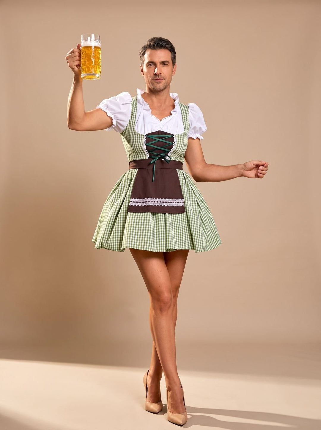 Damen Oktoberfest Dirndl Kleid mit Schürze Kurzarm Kariert - Grün kariert