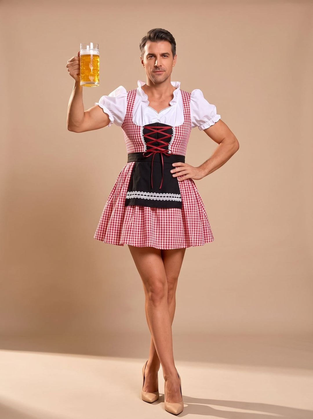 Damen Oktoberfest Dirndl Kleid mit Schürze Kurzarm Kariert - Rot kariert