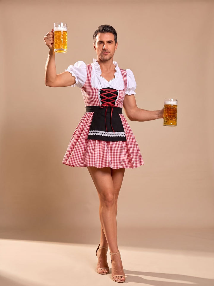 Damen Oktoberfest Dirndl Kleid mit Schürze Kurzarm Kariert