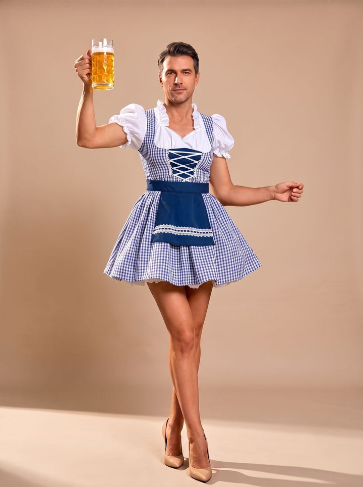 Damen Oktoberfest Dirndl Kleid mit Schürze Kurzarm Kariert - Blau kariert