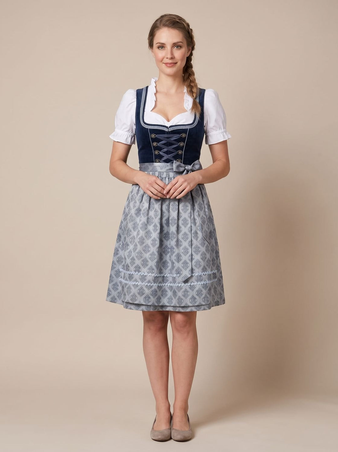 Damen Oktoberfest Dirndl Kleid mit Schürze und Rüschenbluse