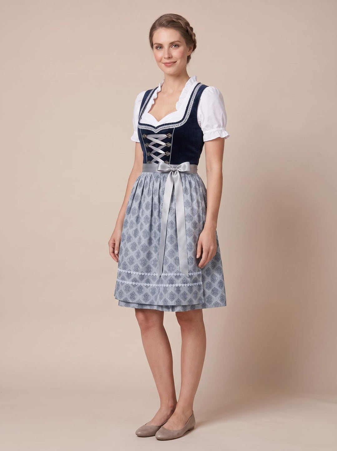 Damen Oktoberfest Dirndl Kleid mit Schürze und Rüschenbluse