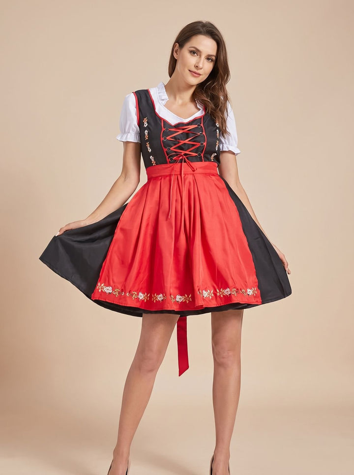 Damen Oktoberfest Dirndl Kleid mit Schürze V-Ausschnitt Schnürung