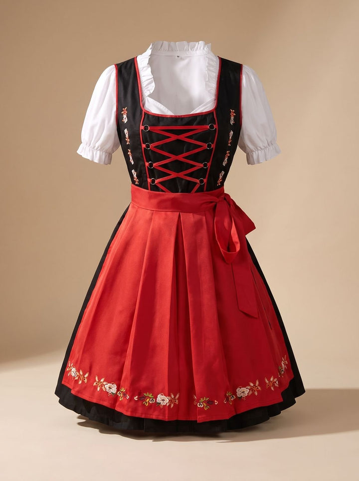 Damen Oktoberfest Dirndl Kleid mit Schürze V-Ausschnitt Schnürung