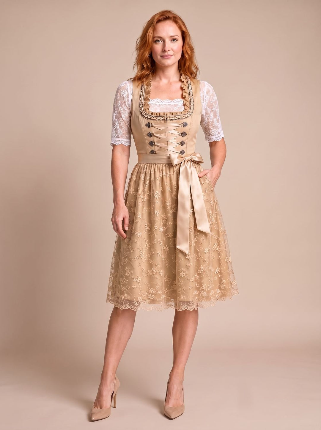 Damen Oktoberfest Dirndl Kleid mit Spitzenbluse floraler Schürze
