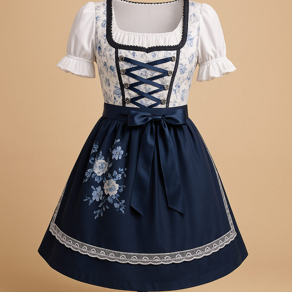 Damen Oktoberfest Dirndl Kleid mit Spitzendetails und Schürze - Blau
