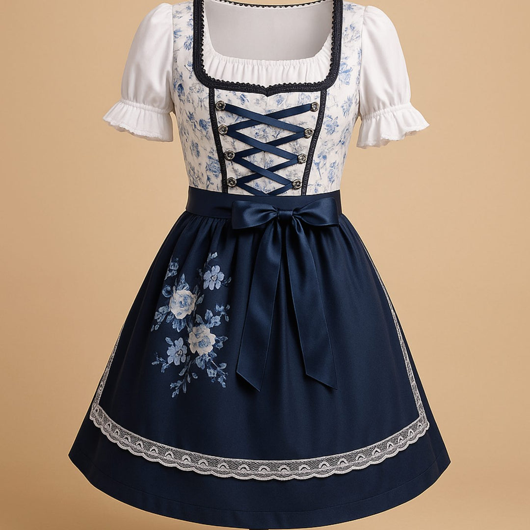 Damen Oktoberfest Dirndl Kleid mit Spitzendetails und Schürze - Blau