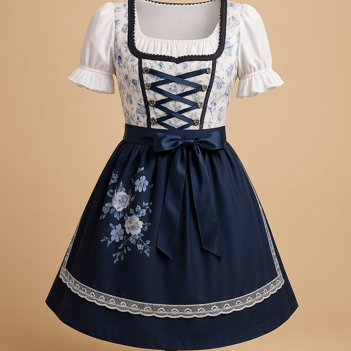 Damen Oktoberfest Dirndl Kleid mit Spitzendetails und Schürze - Blau