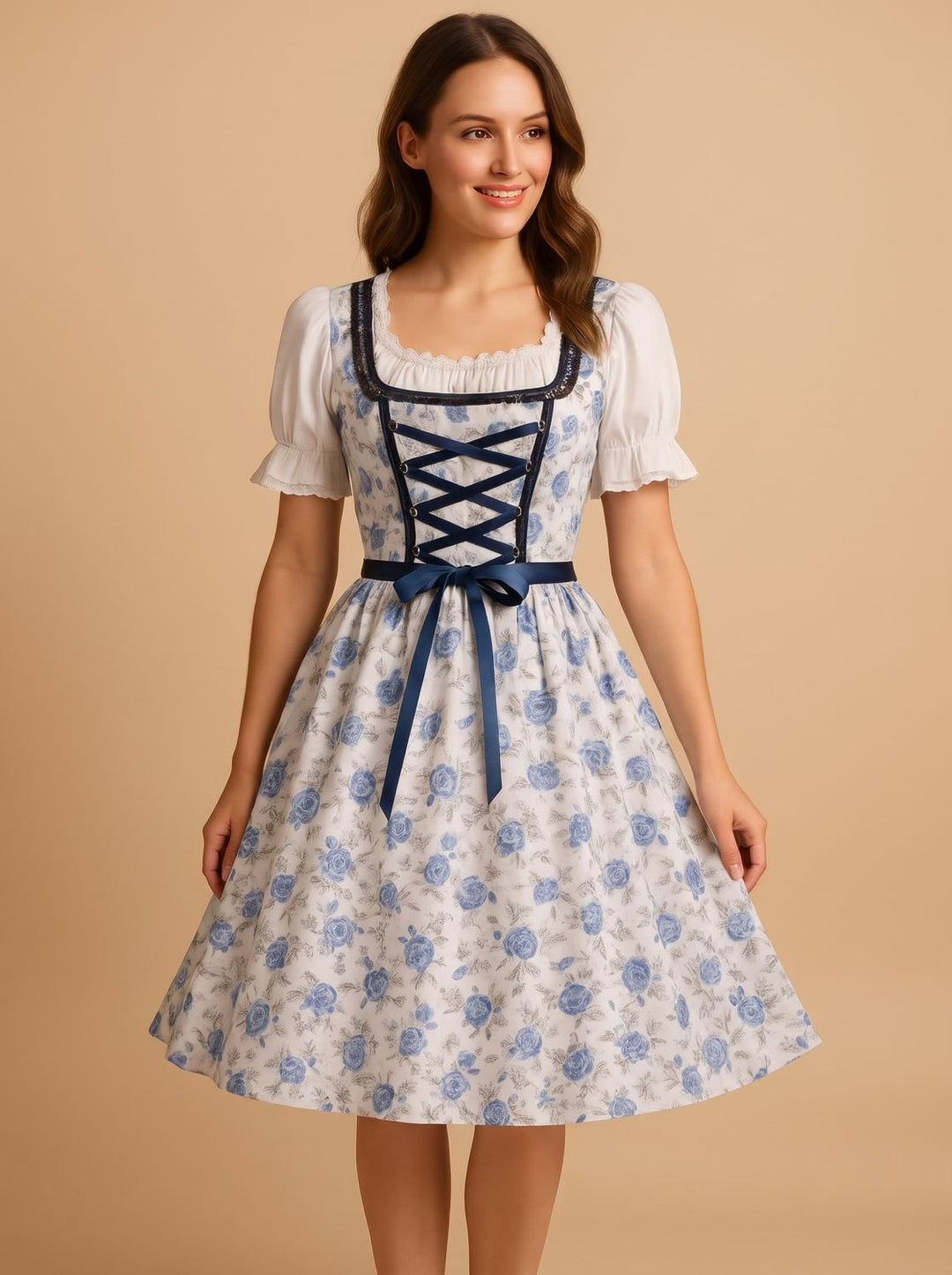 Damen Oktoberfest Dirndl Kleid mit Spitzendetails und Schürze - Weiß