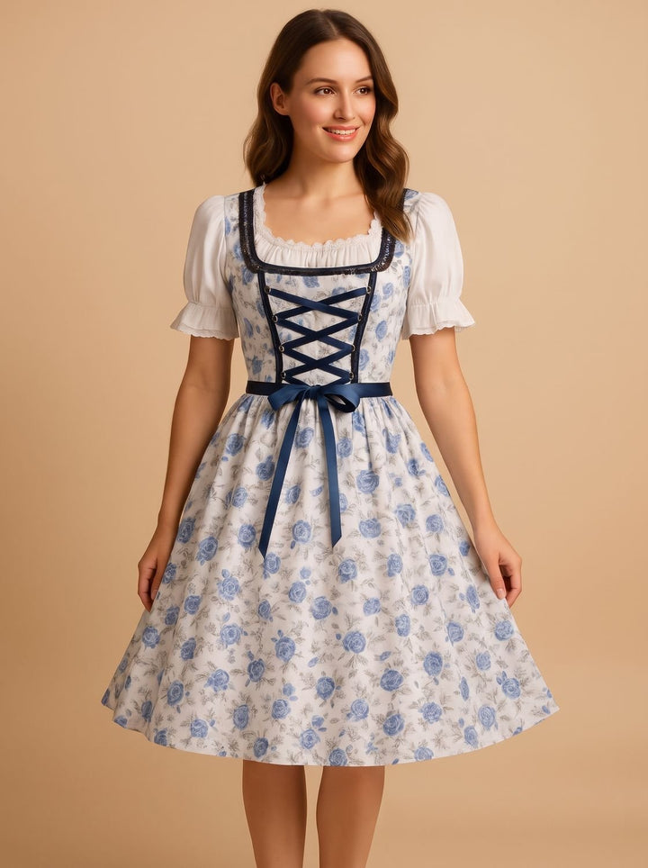 Damen Oktoberfest Dirndl Kleid mit Spitzendetails und Schürze - Weiß