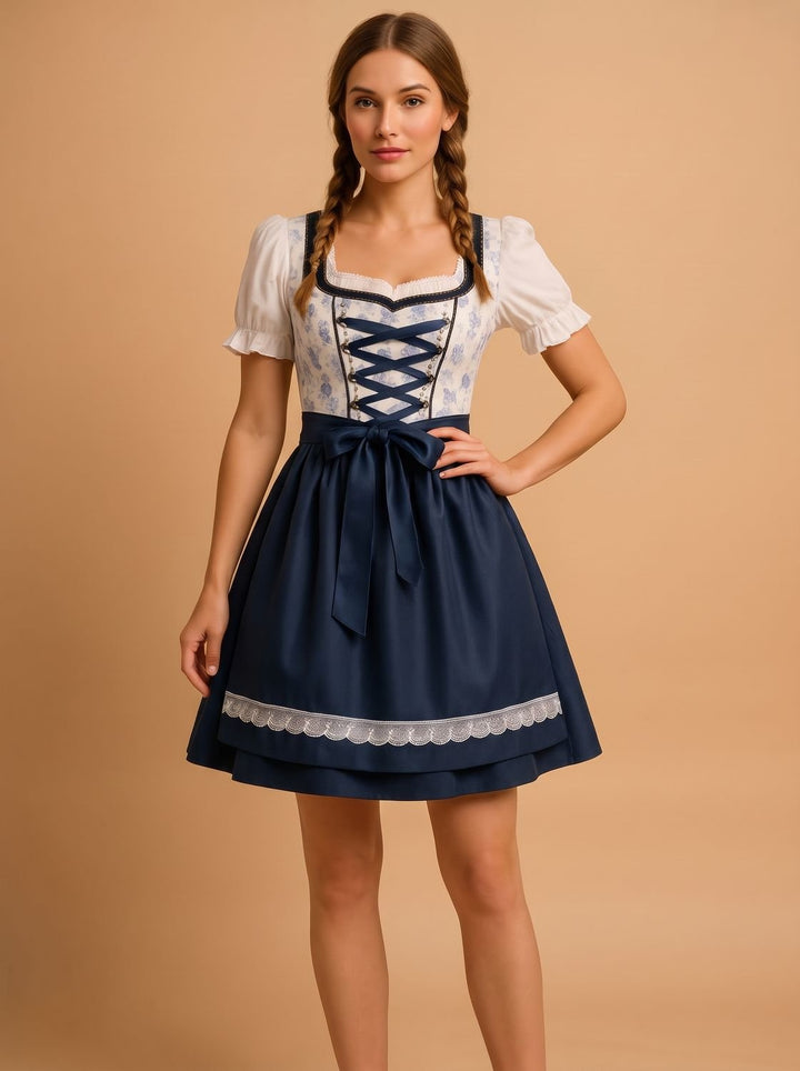 Damen Oktoberfest Dirndl Kleid mit Spitzendetails und Schürze, Navy Blue