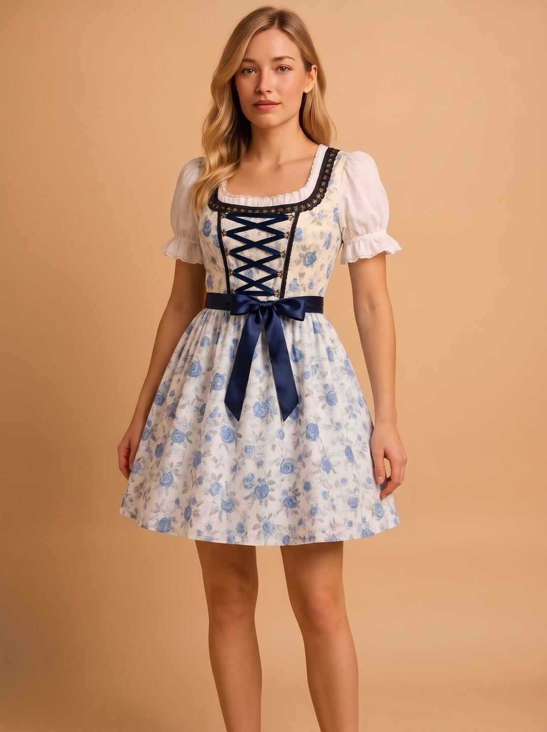 Damen Oktoberfest Dirndl Kleid mit Spitzendetails und Schürze, Navy Blue - Weiß