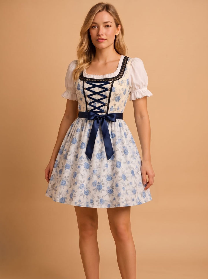Damen Oktoberfest Dirndl Kleid mit Spitzendetails und Schürze, Navy Blue - Weiß
