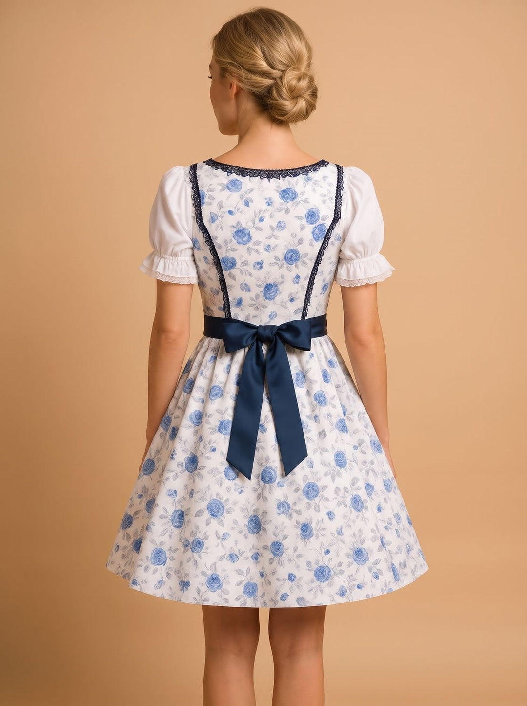Damen Oktoberfest Dirndl Kleid mit Spitzendetails und Schürze, Navy Blue