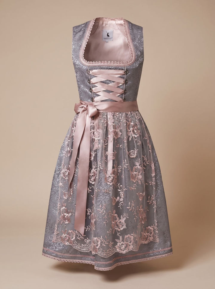Damen Oktoberfest Dirndl Kleid mit Spitzenschürze Schnürung - Grau