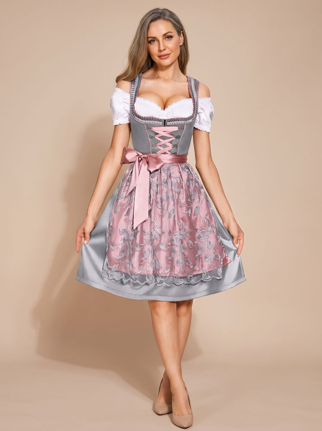 Damen Oktoberfest Dirndl Kleid mit Spitzenschürze Schnürung - Grau Rosa