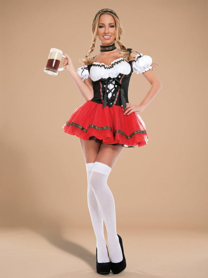 Damen Oktoberfest Dirndl Kostüm mit Schürze Trachtenkleid