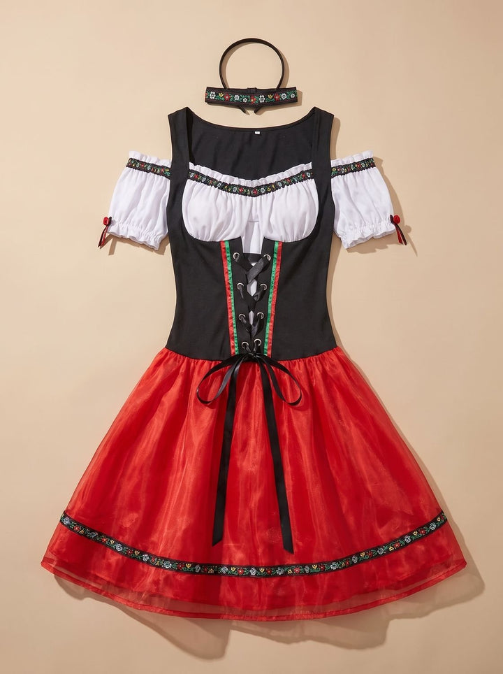 Damen Oktoberfest Dirndl Kostüm mit Schürze Trachtenkleid