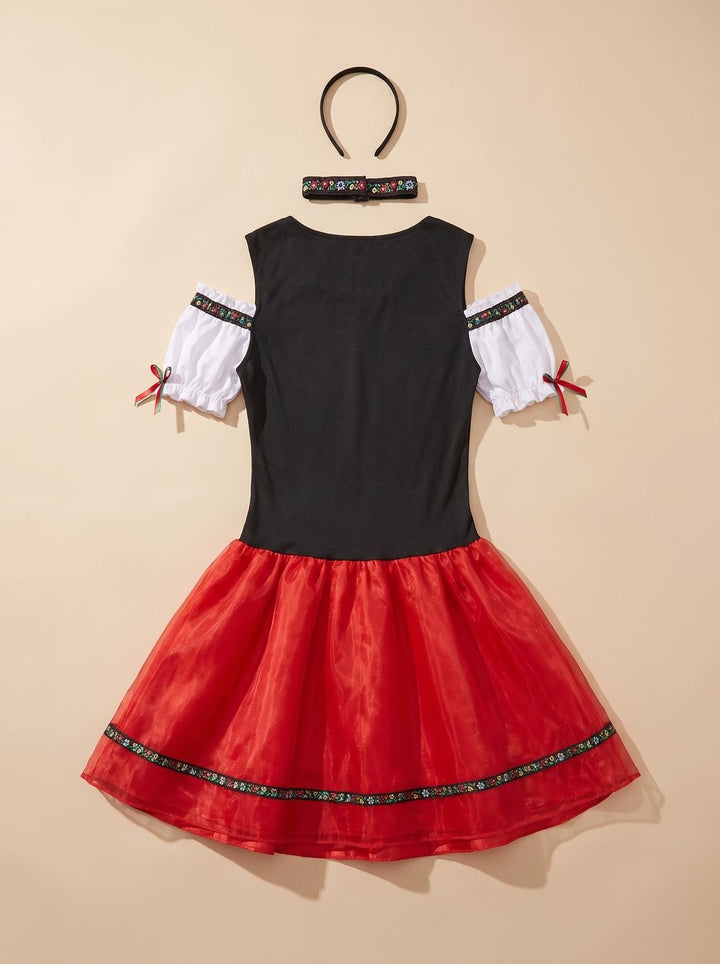 Damen Oktoberfest Dirndl Kostüm mit Schürze Trachtenkleid
