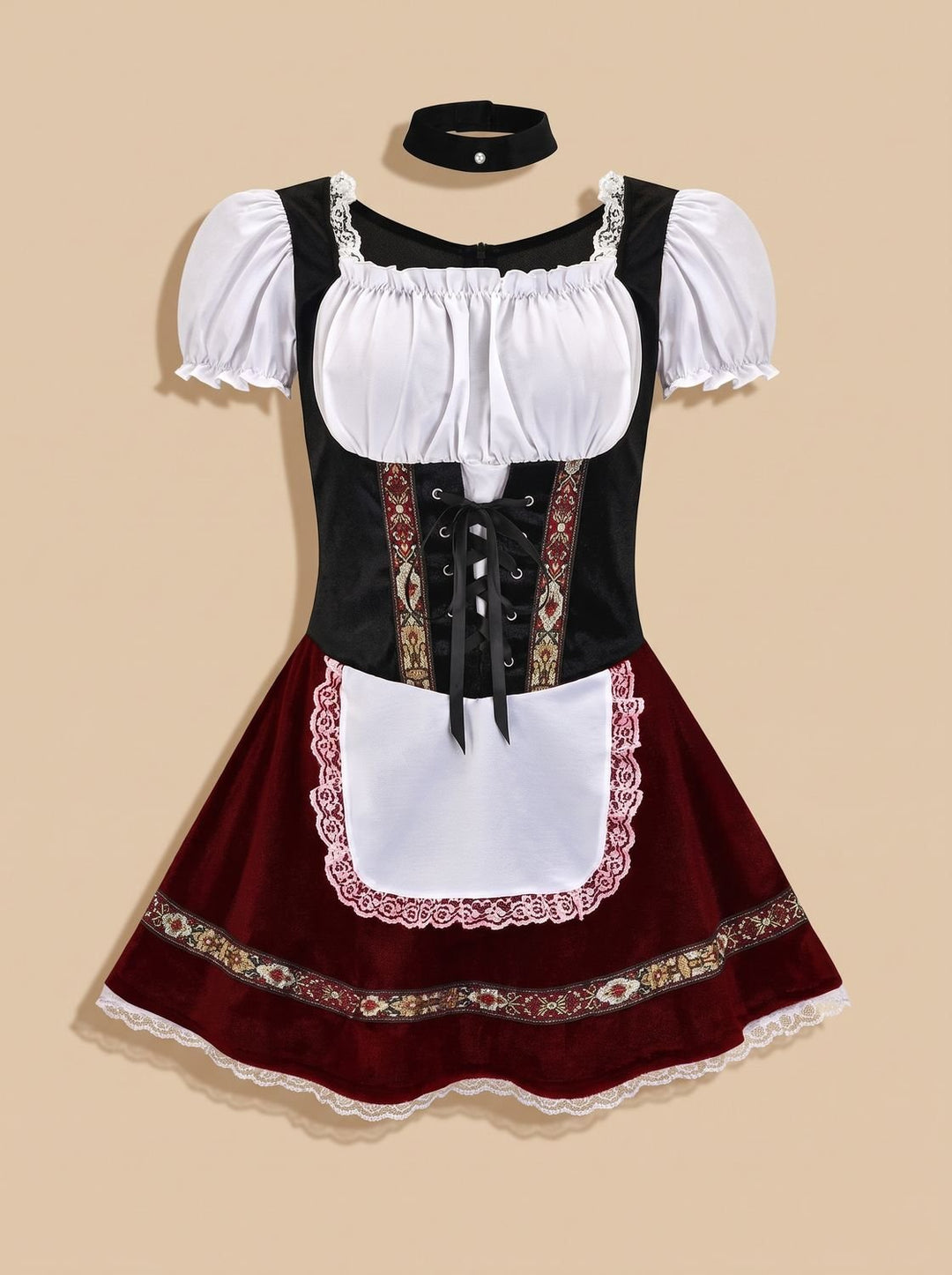 Damen Oktoberfest Dirndl-Kostüm mit Schürze und Puffärmeln - Weinrot