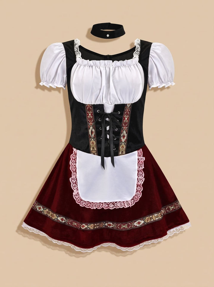 Damen Oktoberfest Dirndl-Kostüm mit Schürze und Puffärmeln - Weinrot