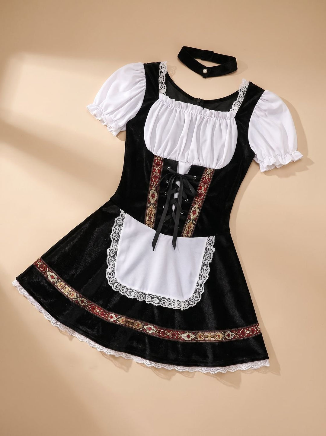Damen Oktoberfest Dirndl-Kostüm mit Schürze und Puffärmeln - Schwarz
