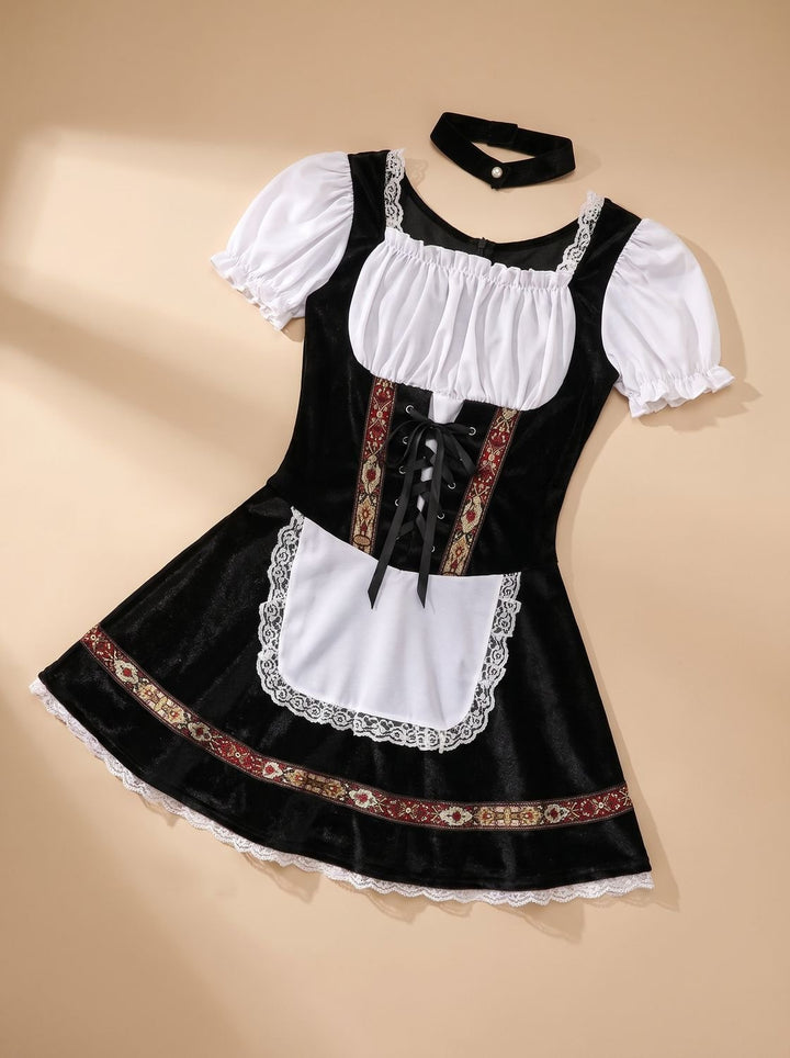 Damen Oktoberfest Dirndl-Kostüm mit Schürze und Puffärmeln - Schwarz