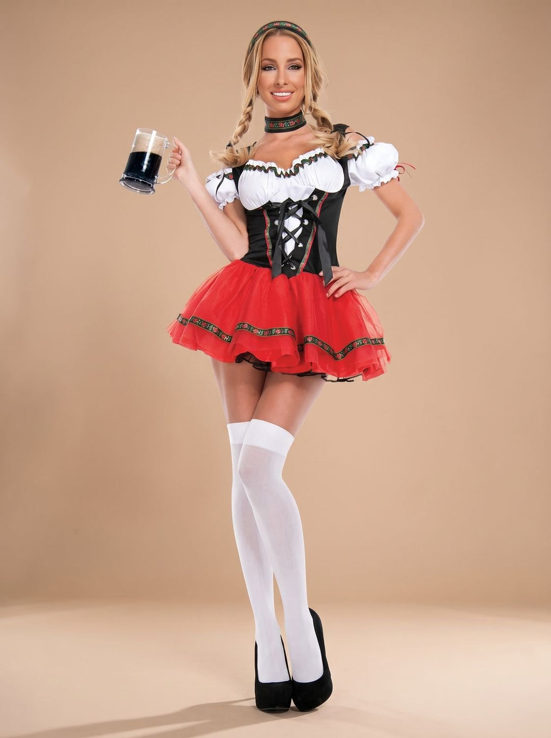 Damen Oktoberfest Dirndl Kostüm Schulterfreies Korsettkleid Rot Schwarz