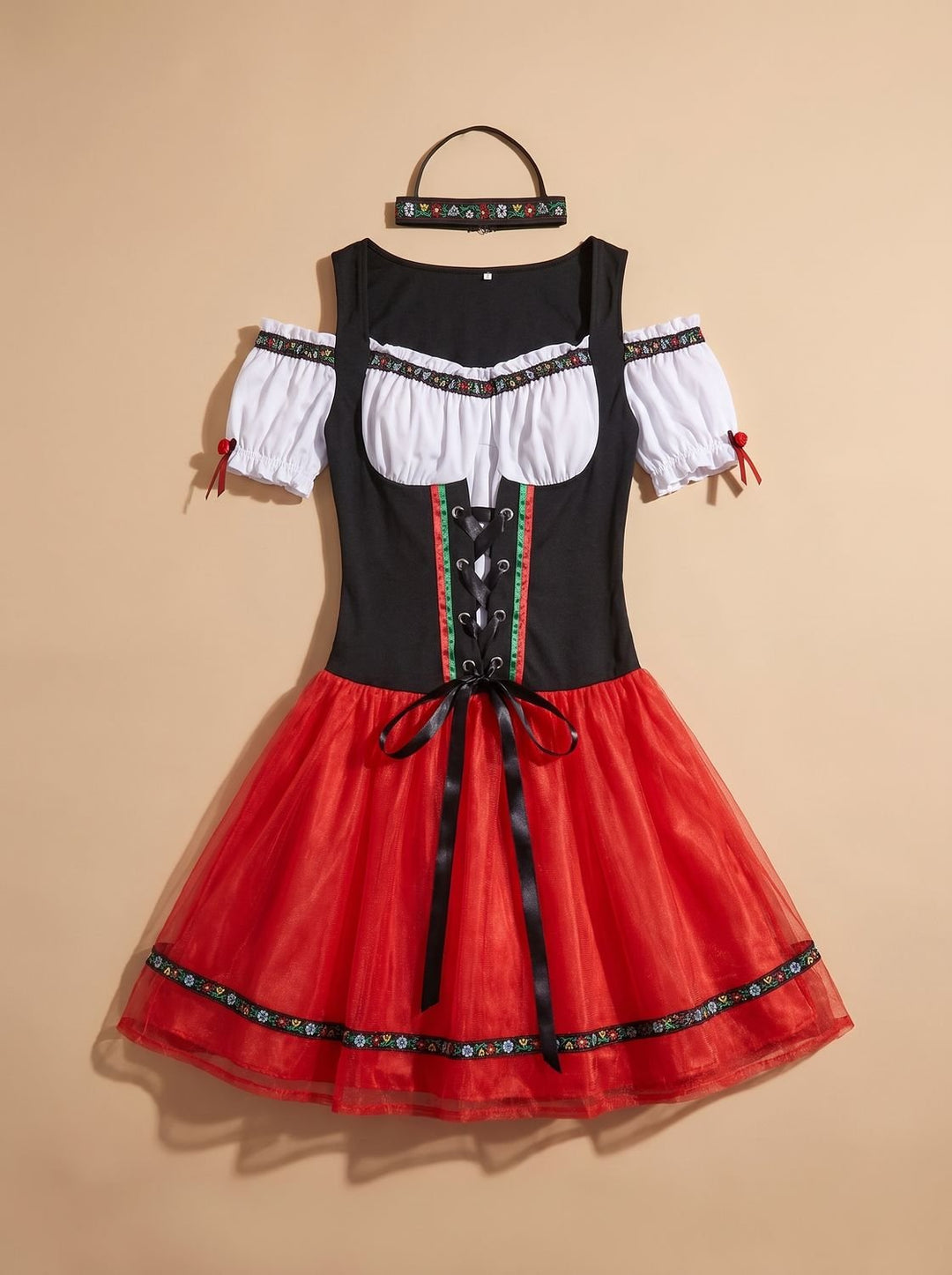 Damen Oktoberfest Dirndl Kostüm Schulterfreies Korsettkleid Rot Schwarz - Schwarz-Rot (1)