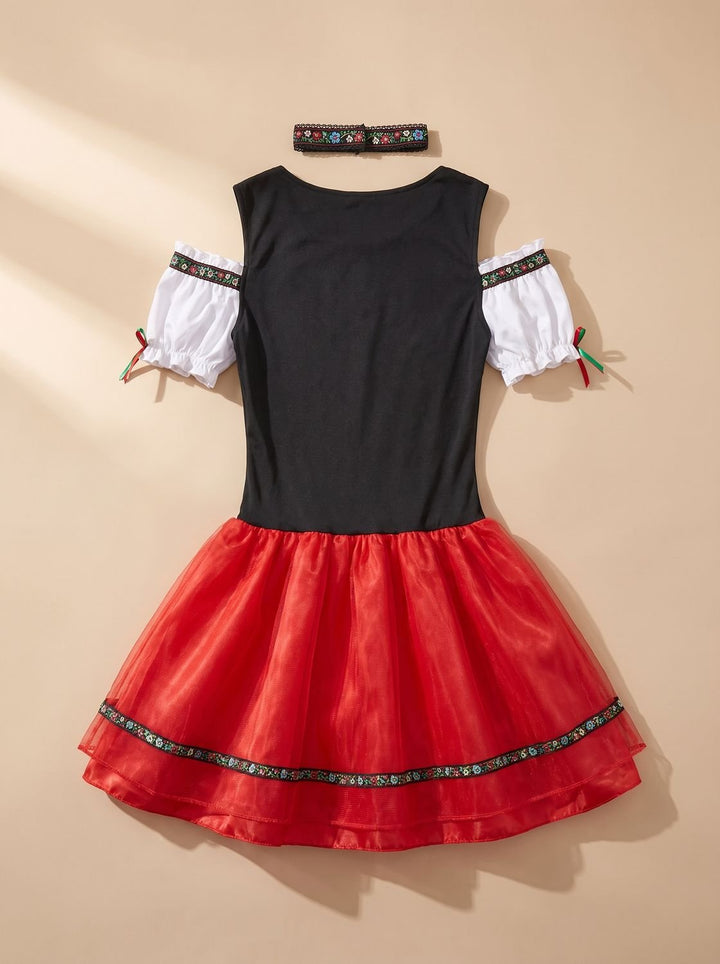 Damen Oktoberfest Dirndl Kostüm Schulterfreies Korsettkleid Rot Schwarz