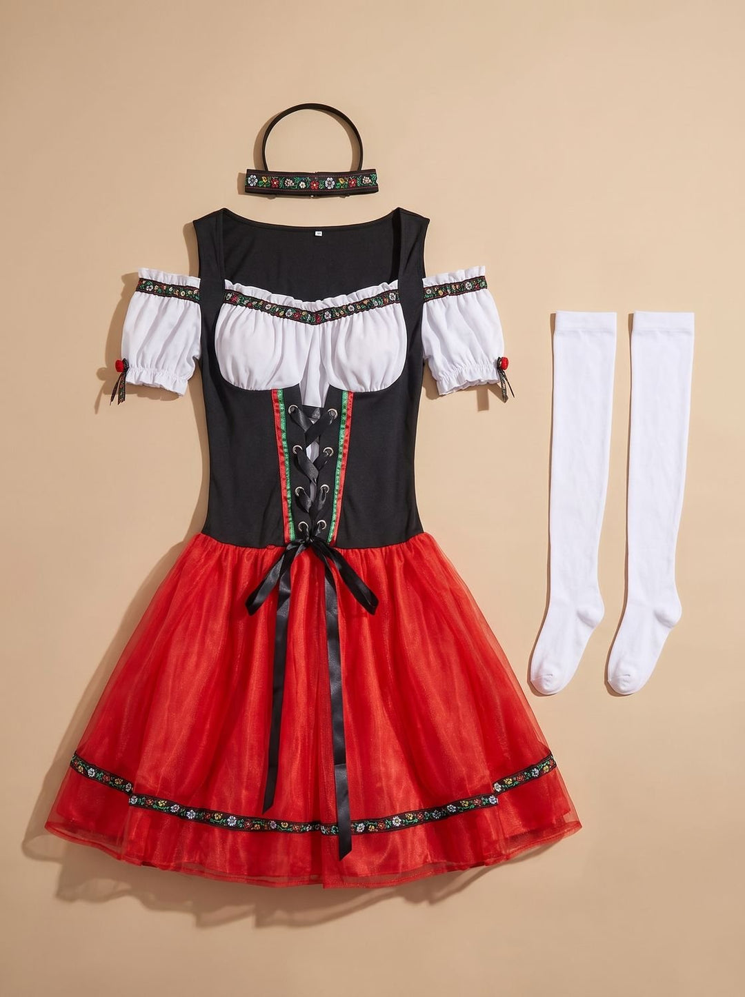Damen Oktoberfest Dirndl Kostüm Schulterfreies Korsettkleid Rot Schwarz - Schwarz-Rot